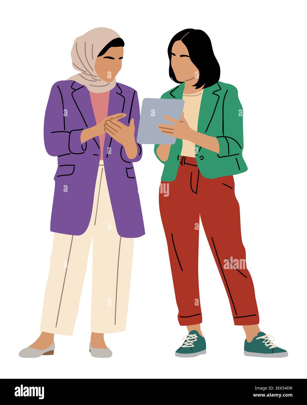 Two women stand close, engaged in conversation Stock Vector