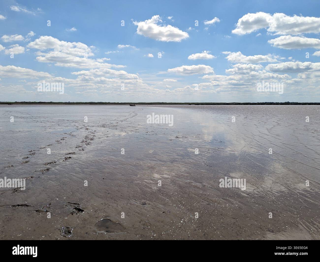 Low-angle wide view over vast muddy riverbanks in the Tigre Delta, Argentina. Footprints lead the eye toward a distant small boat on the horizon. - Smartphone Captured Stock Image