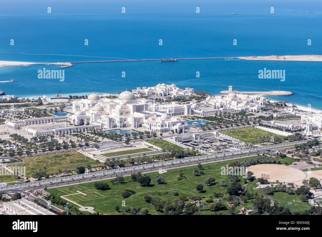 Abu Dhabi skyline from above with UAE Presidential Palace traveling in Abu Dhabi, United Arab Emirates Stock Photo
