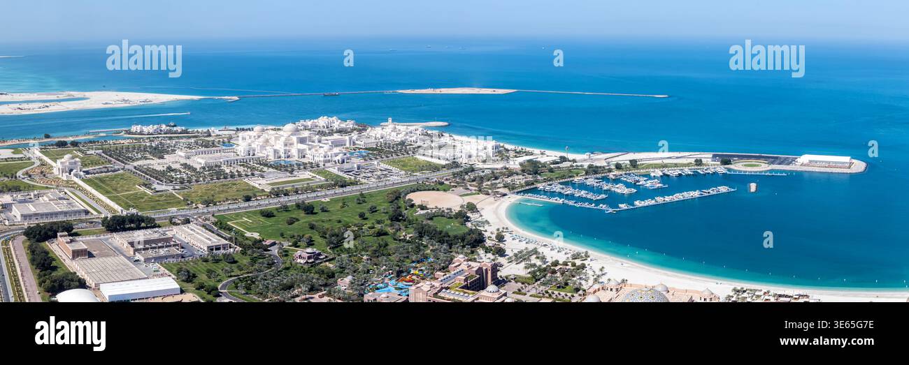 Abu Dhabi skyline from above with UAE Presidential Palace panorama traveling in Abu Dhabi, United Arab Emirates Stock Photo
