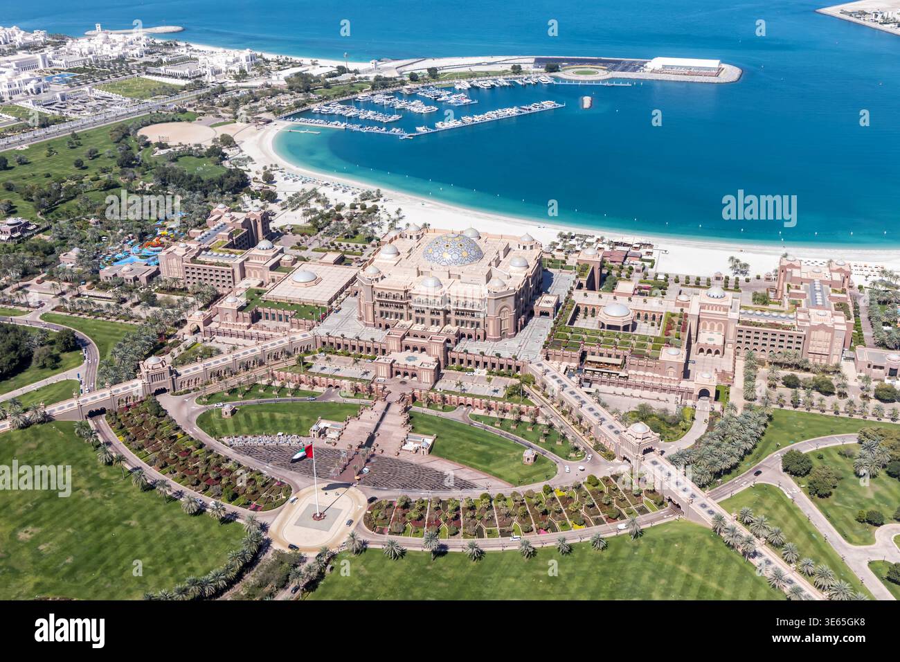 Abu Dhabi skyline from above with Emirates Palace traveling in Abu Dhabi, United Arab Emirates Stock Photo