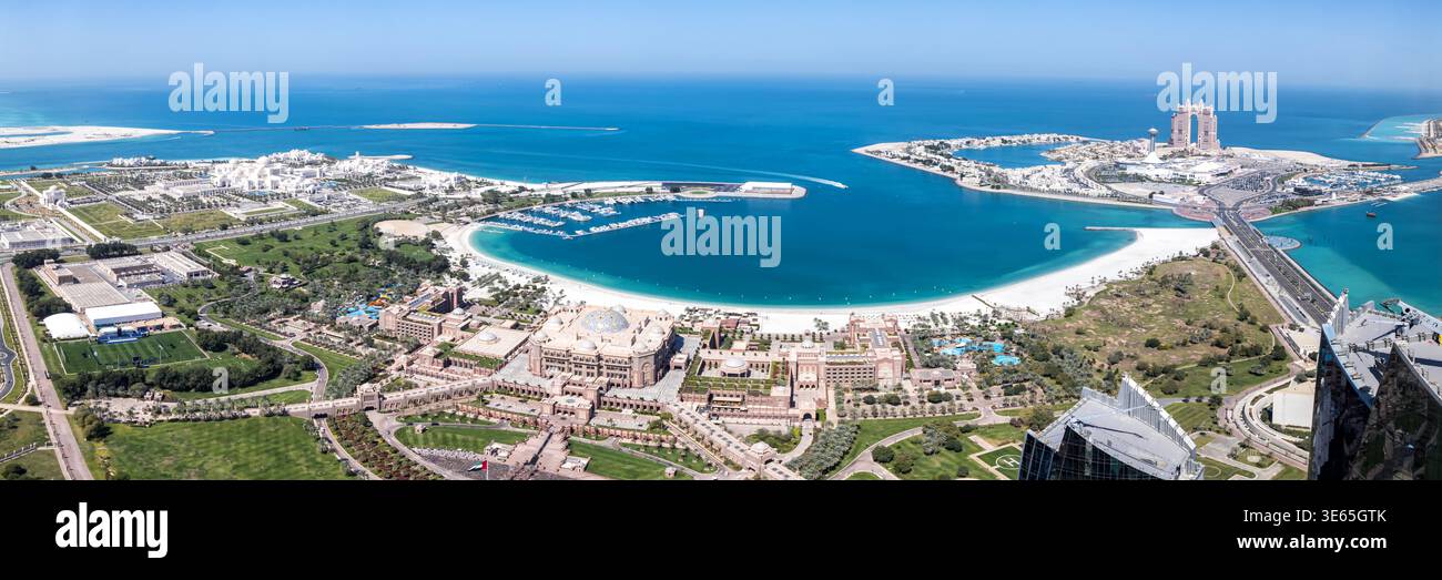 Abu Dhabi skyline from above with UAE Presidential Palace and Emirates Palace panorama traveling in Abu Dhabi, United Arab Emirates Stock Photo