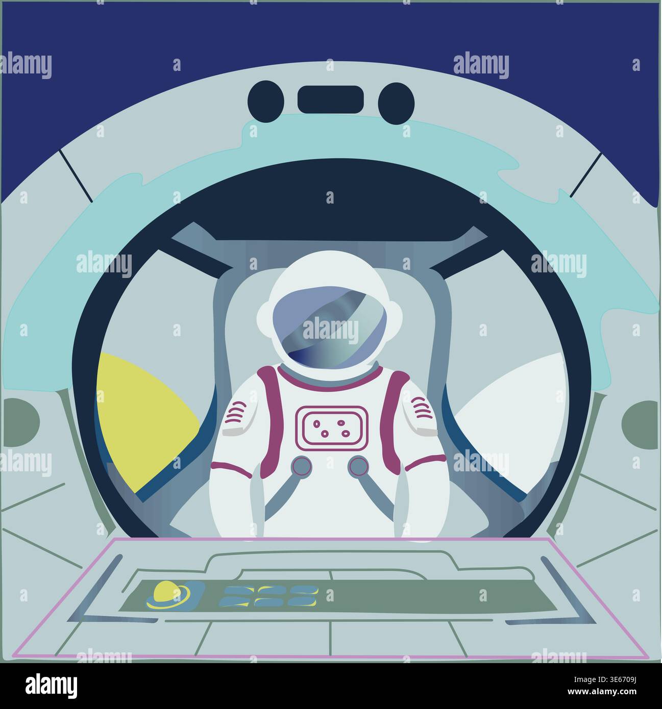 Astronaut inside spacecraft, futuristic space exploration illustration. Stock Vector