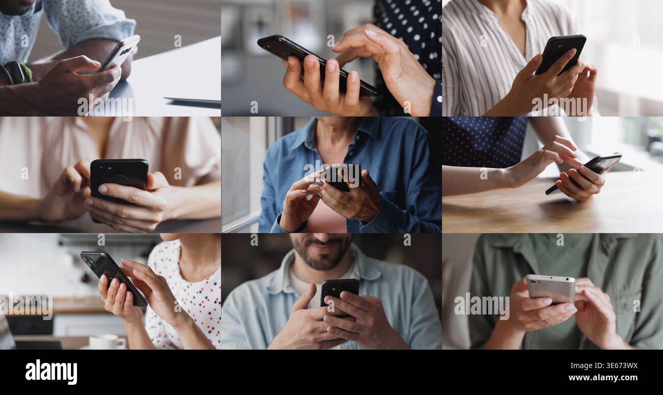 Different aged people typing on smartphones, using modern AI technologies Stock Photo