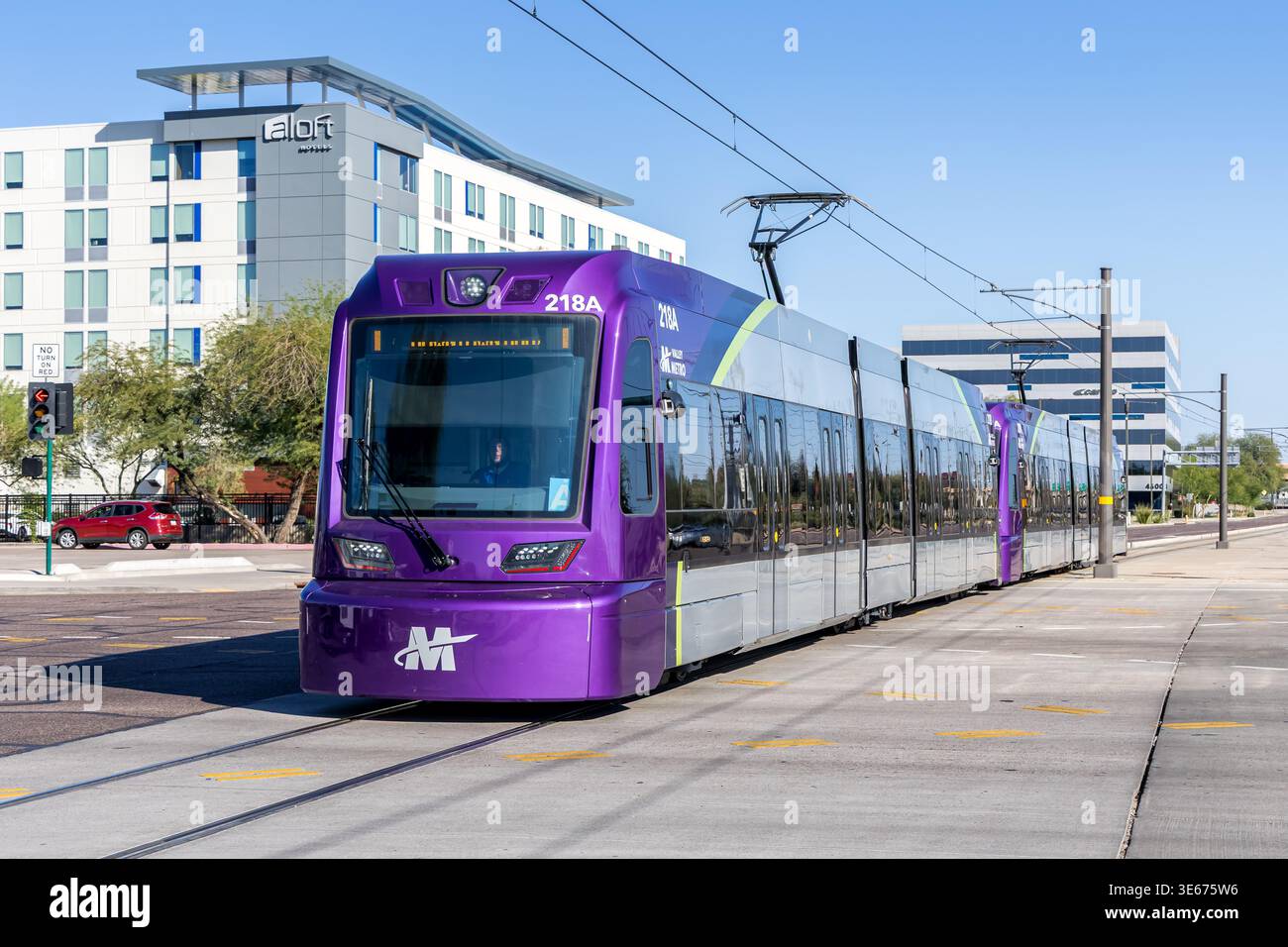 Phoenix, United States - November 9, 2025: Valley Metro Light Rail public transport at 44th St/Washington station in Phoenix, United States. Stock Photo