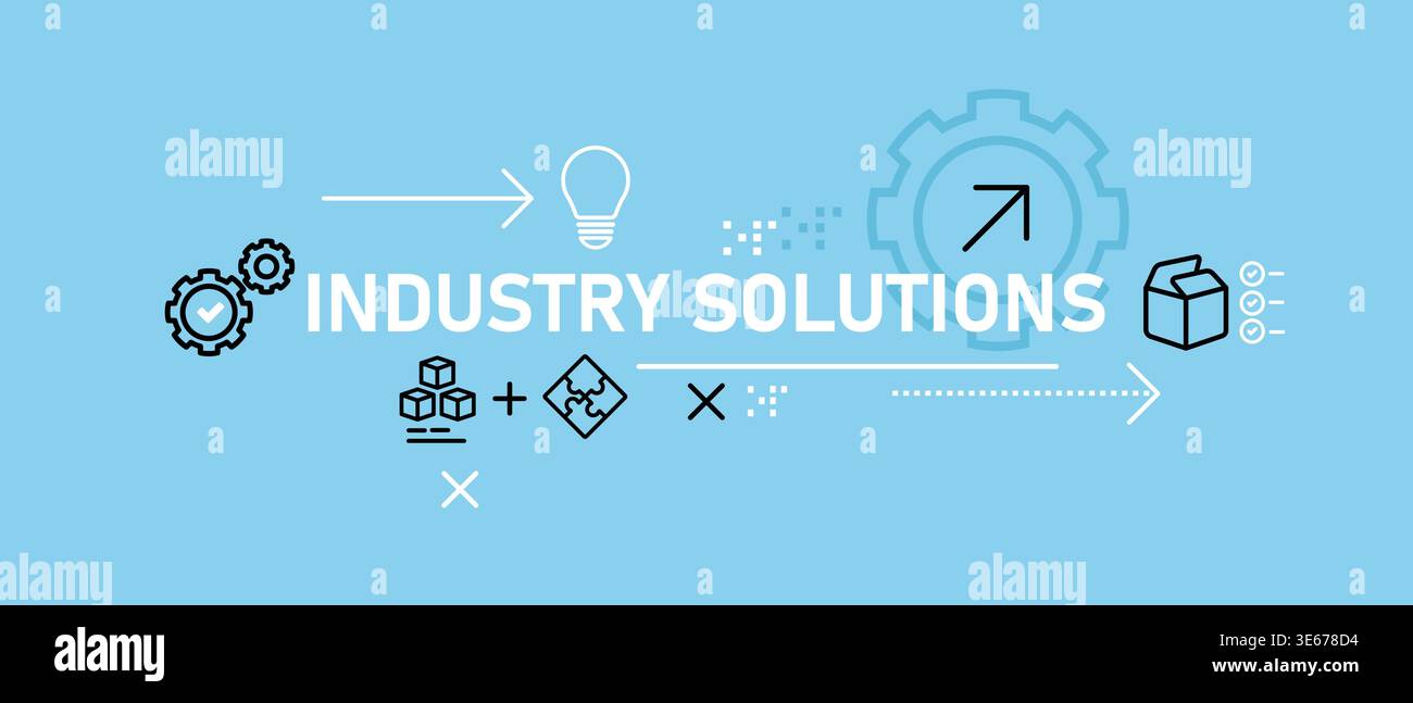 Industry solutions and manufacturing process banner with icons gears puzzle pieces technical problem solving production efficiency smart industrial Stock Vector