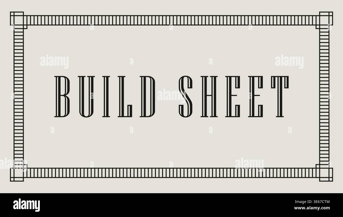 Structured rectangular title panel illustration featuring build sheet text centered inside a border with ruler style edge details and corner joints. Stock Vector