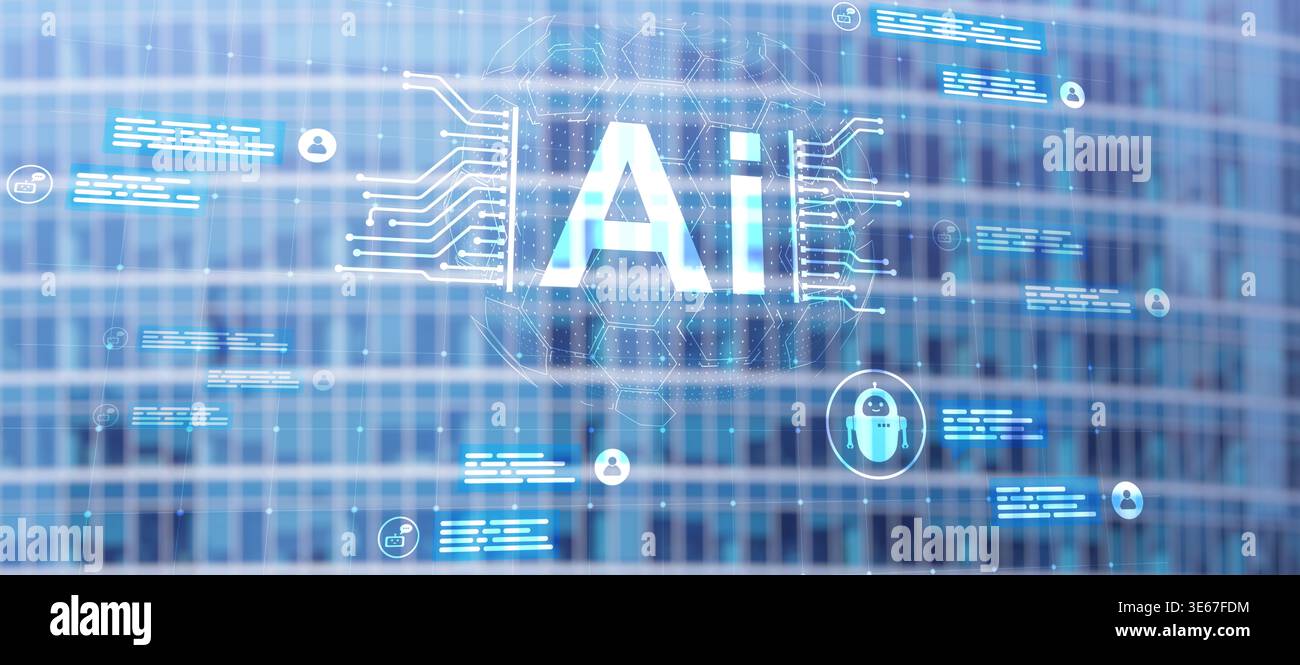 AI technology integration concept showing artificial intelligence embedded in modern smart city. Stock Photo