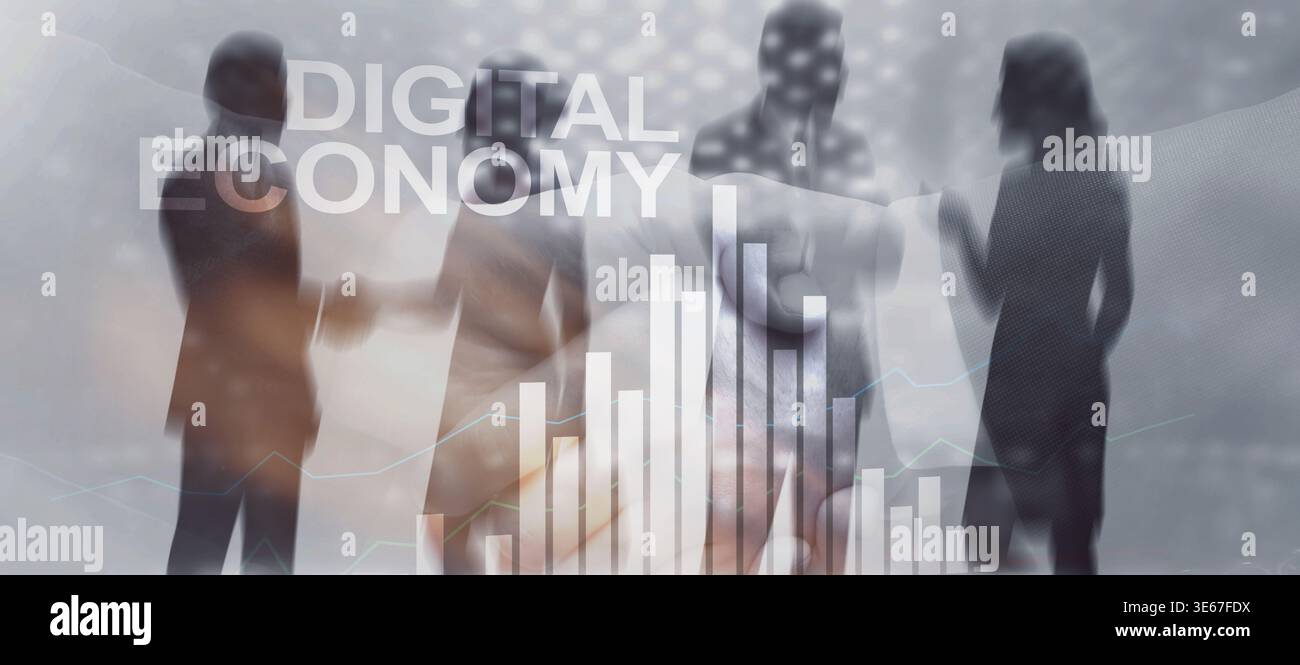Digital economy concept with futuristic technology interface and data flow visualization. Stock Photo