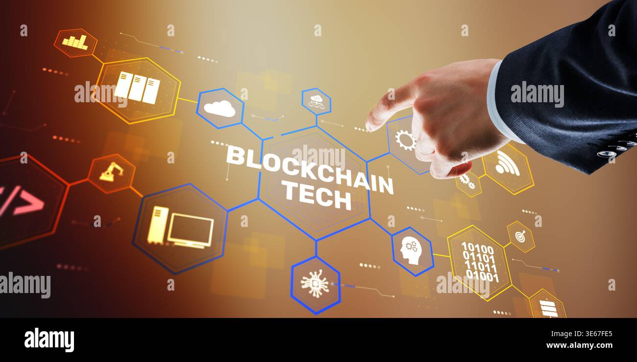 Advanced blockchain technology with decentralized network and secure digital transaction system. Stock Photo