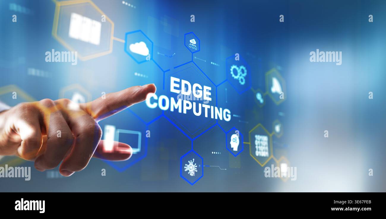 Edge computing technology with decentralized data processing and low-latency network solutions. Stock Photo