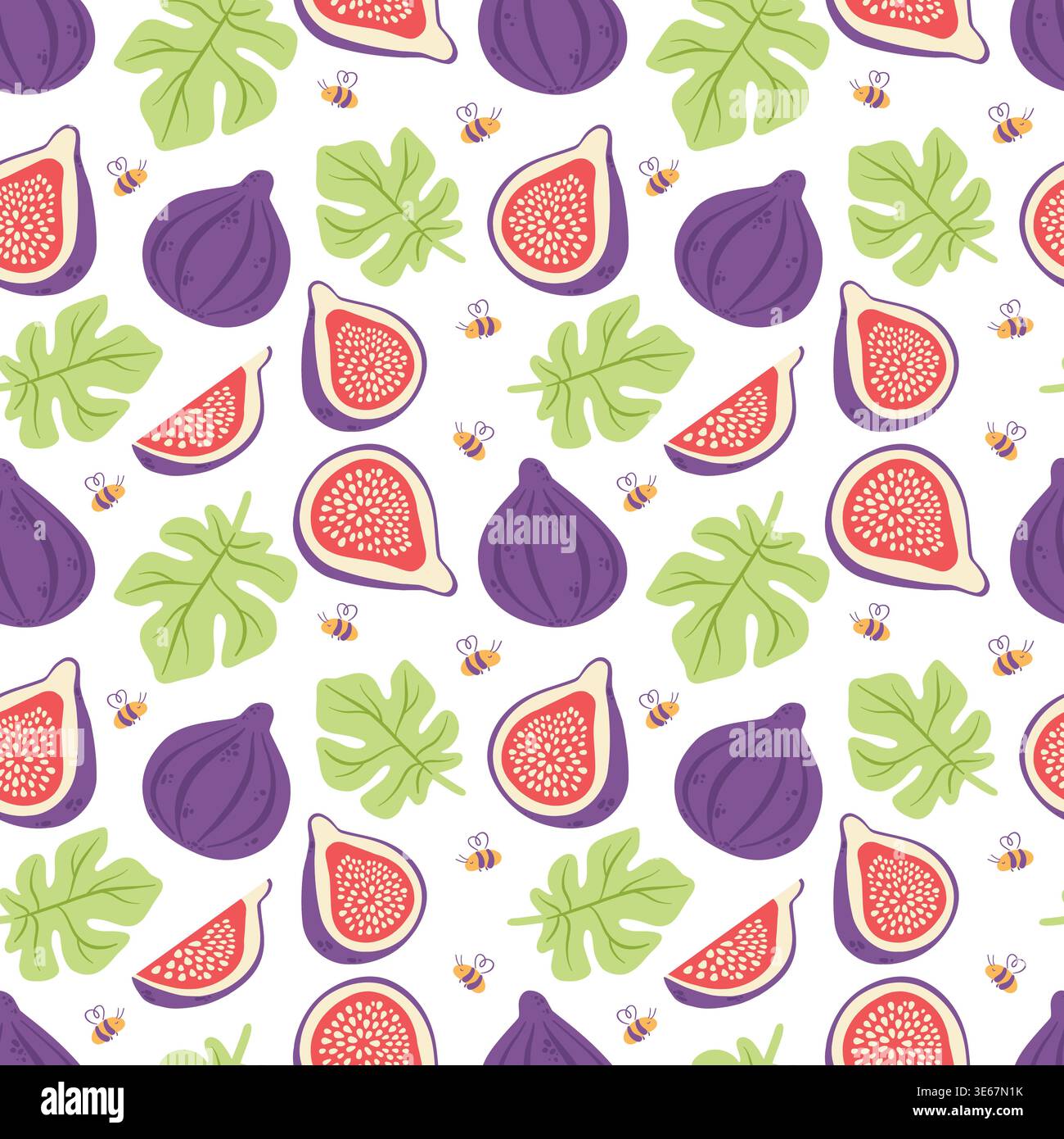 Fig seamless pattern with leaf and bees, organic fruit background vector Stock Vector