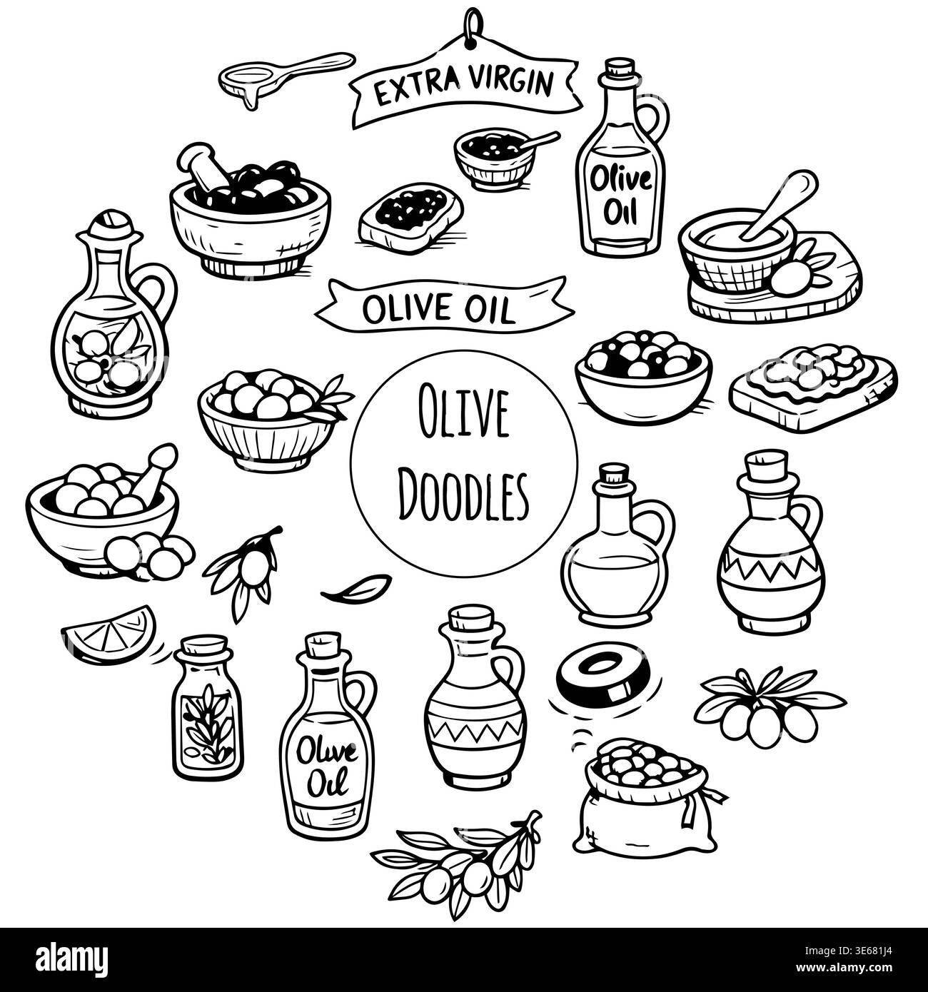 Hand drawn doodles olive branches and individual olives. Olive tree ...