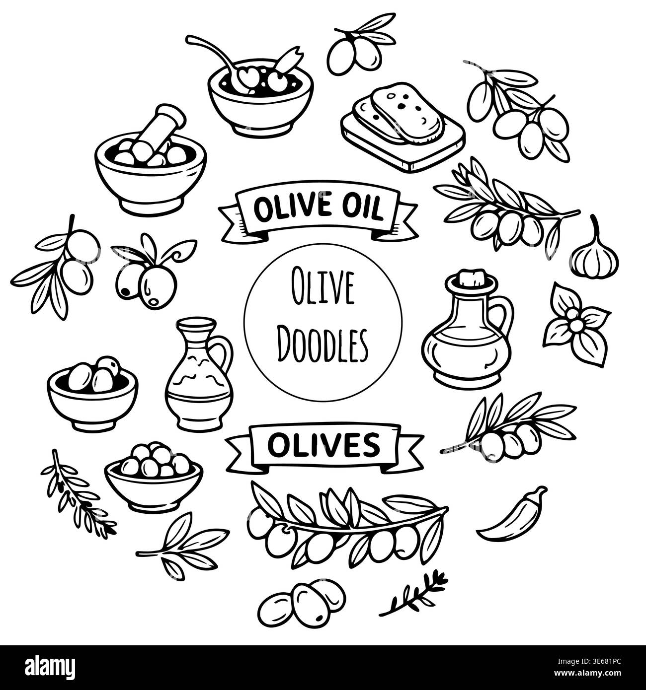 Hand drawn doodles olive branches and individual olives. Olive