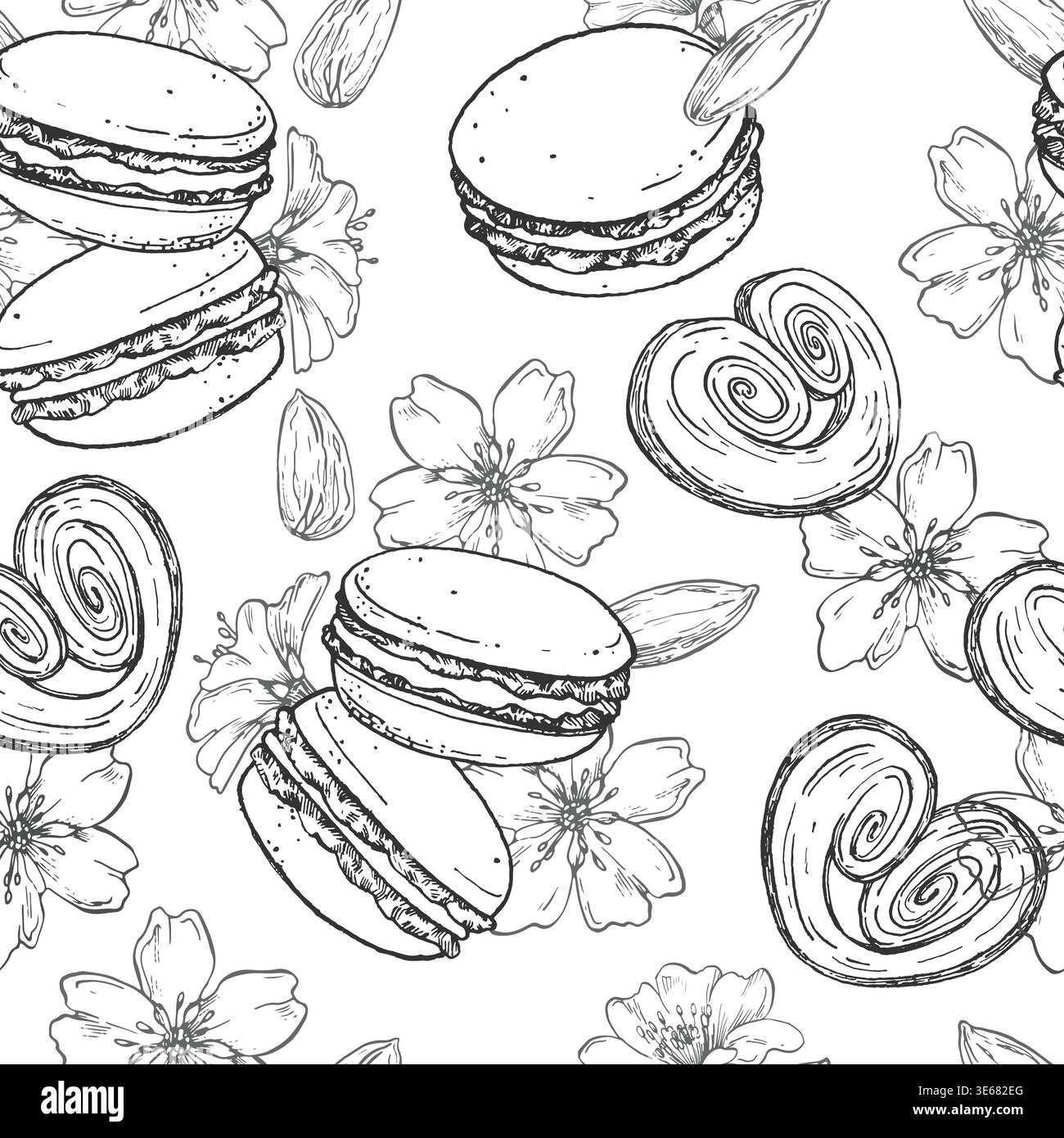 Seamless pattern with macarons, almond flowers. Hand drawn vector background. Stock Vector