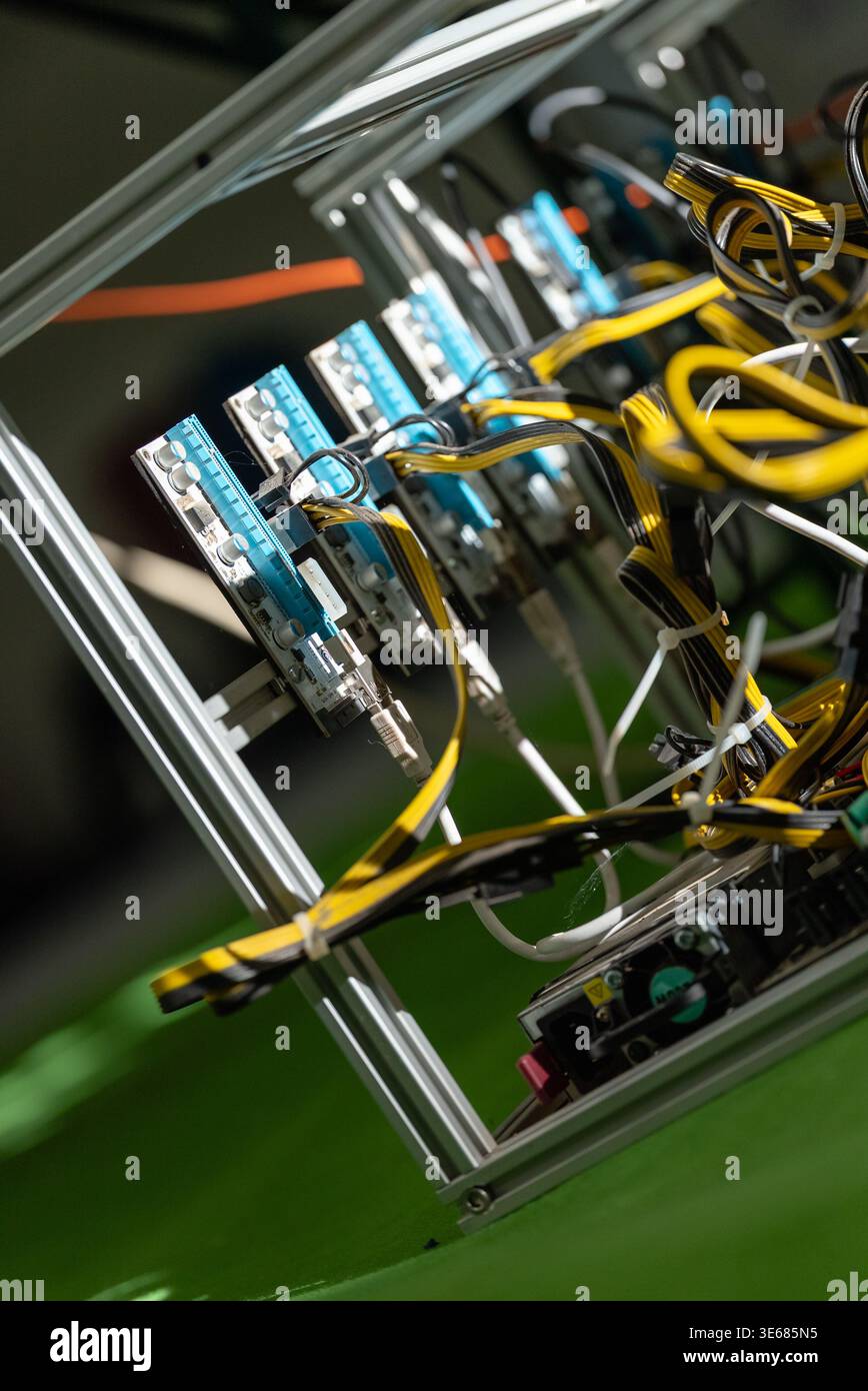 computer components in a metal cube structure Stock Photo