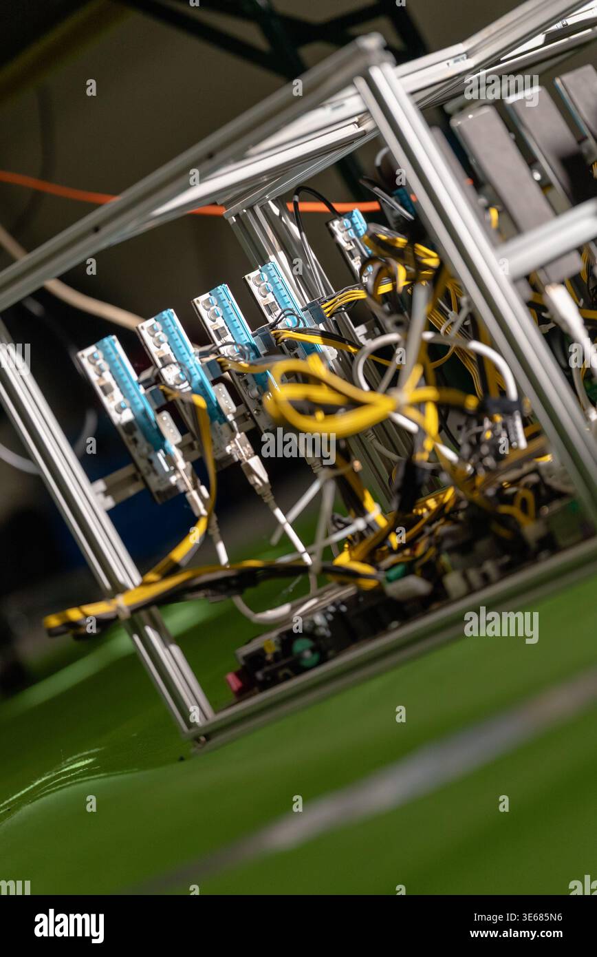 computer components in a metal cube structure Stock Photo