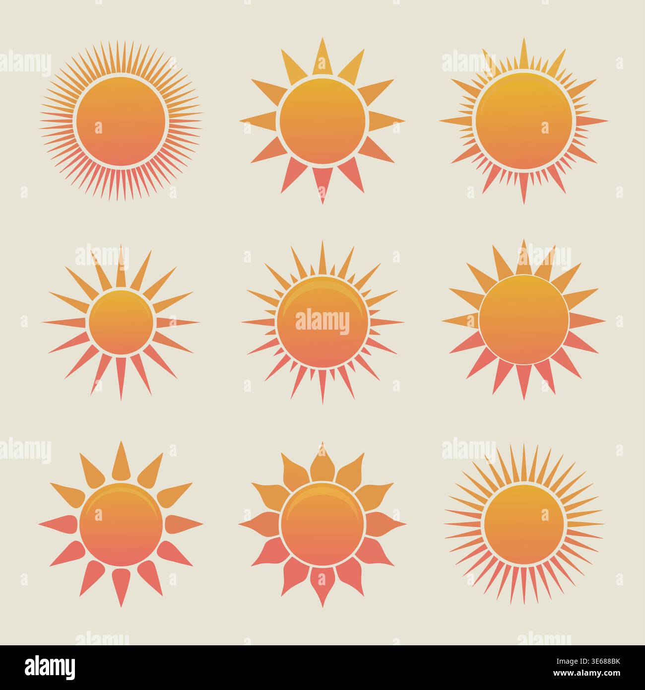 A vector illustration showing nine different sun icons with gradient ...