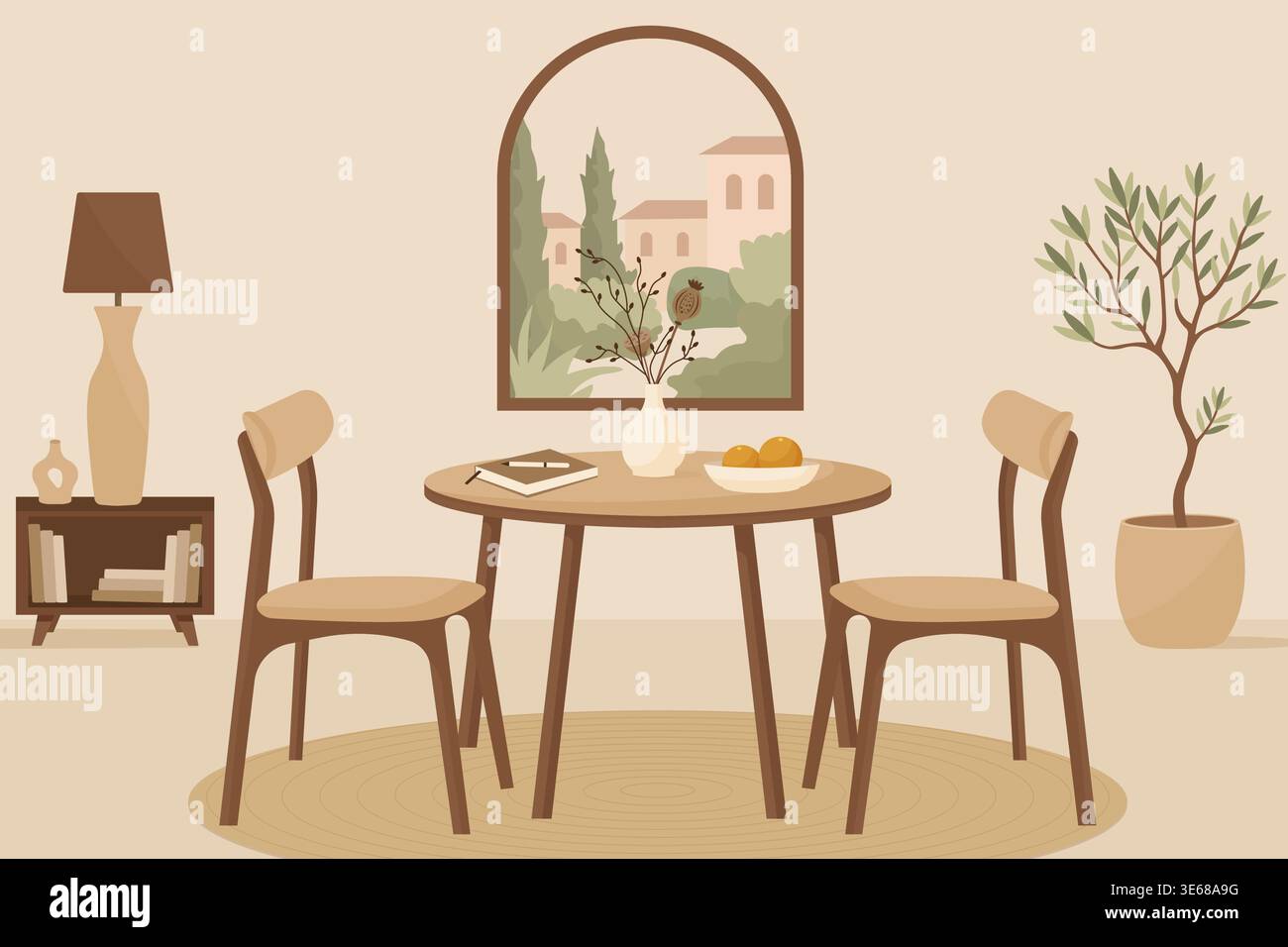 Japandi style dining room interior with wooden furniture and window view vector illustration. Stock Vector