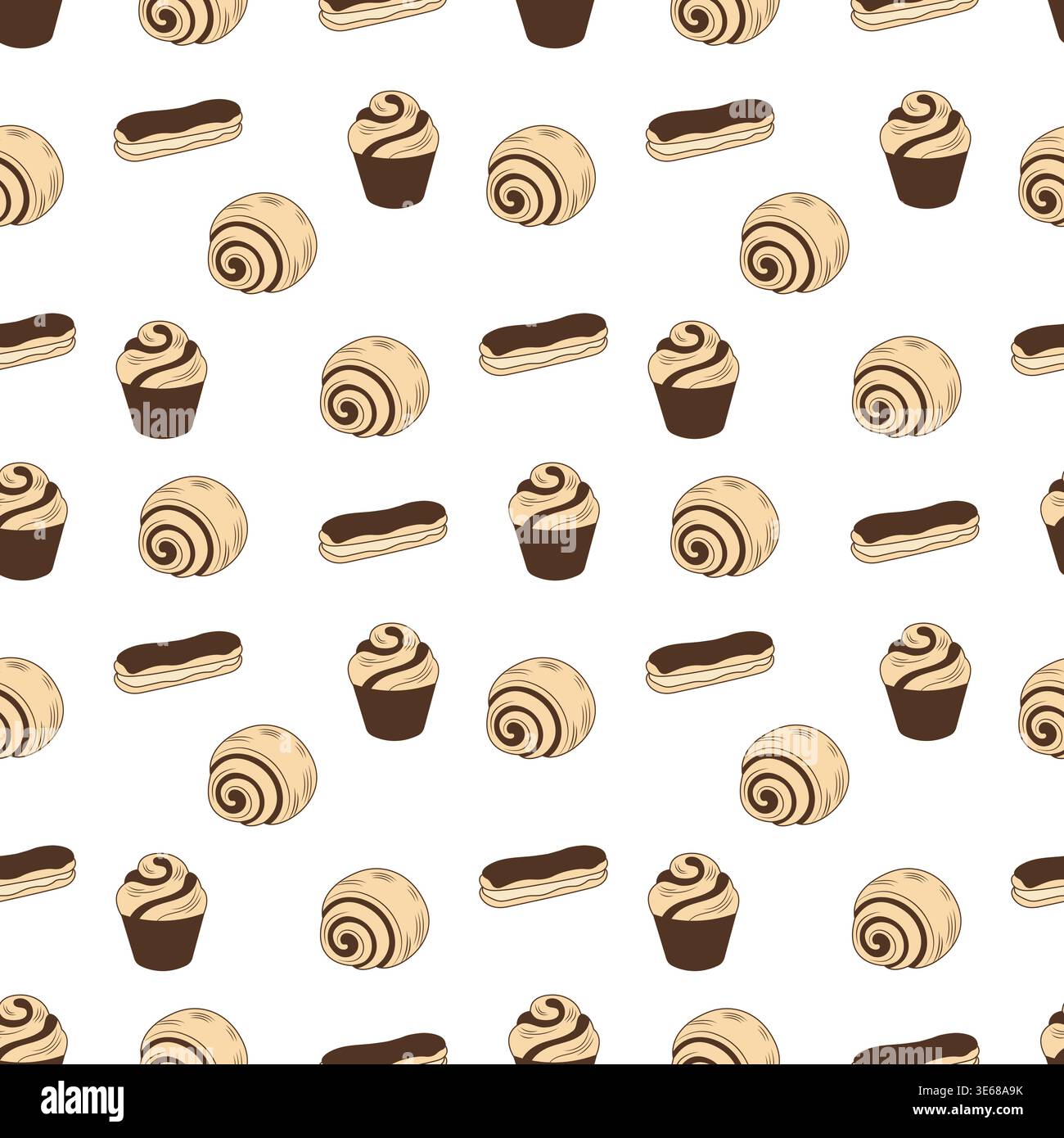 Bakery seamless pattern with chocolate eclairs and cupcakes on white vector illustration. Stock Vector
