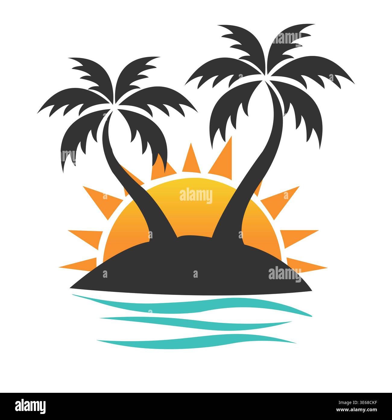 Tropical Island Sunset Vector – Palm Trees, Ocean Waves, and Summer ...