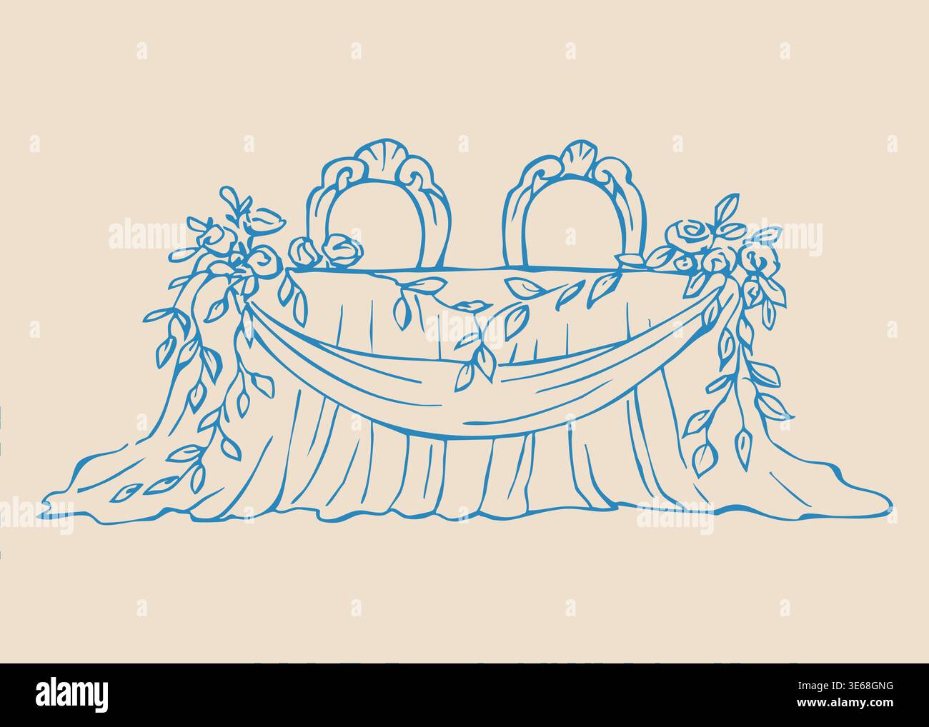 Hand drawn line festive wedding table with flowers  Stock Vector