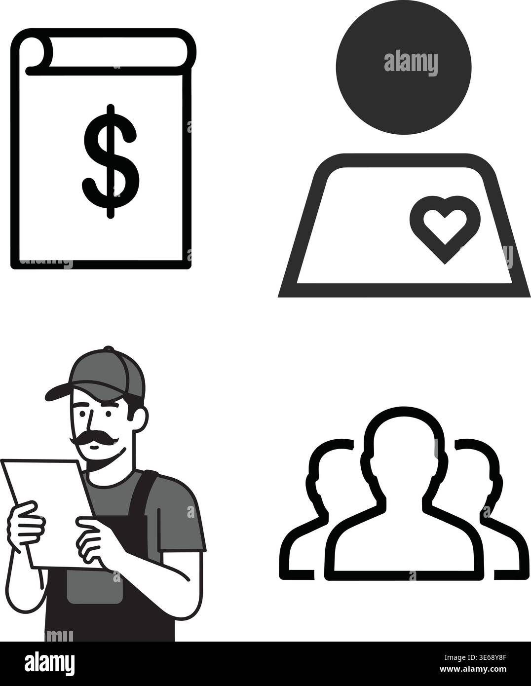 Simple Icons Representing Finance, User Profile, Worker, and Group of People Stock Vector