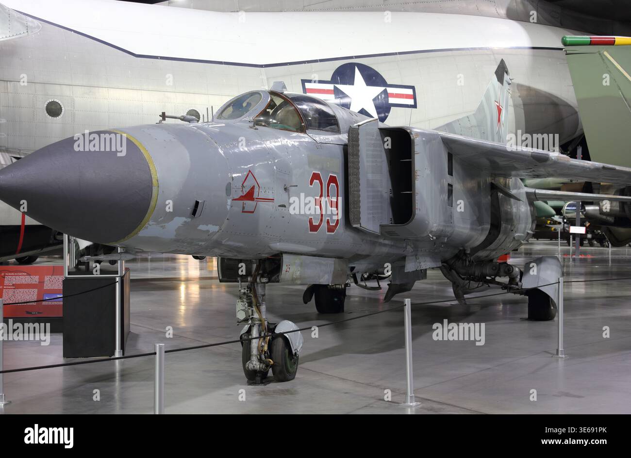 Mikoyan-Gurevich MiG-23MS “Flogger-E” Soviet Cold War era fighter jet on display at the National Museum of the United States Air Force, Dayton, Ohio. Stock Photo