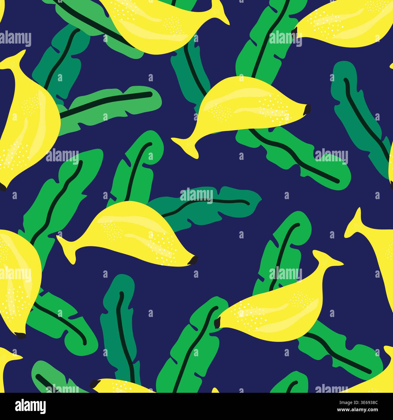 bananas and its leaves placed on blue background seamless pattern. cute rounded yellow bananas with long leaves seamless pattern. Stock Vector