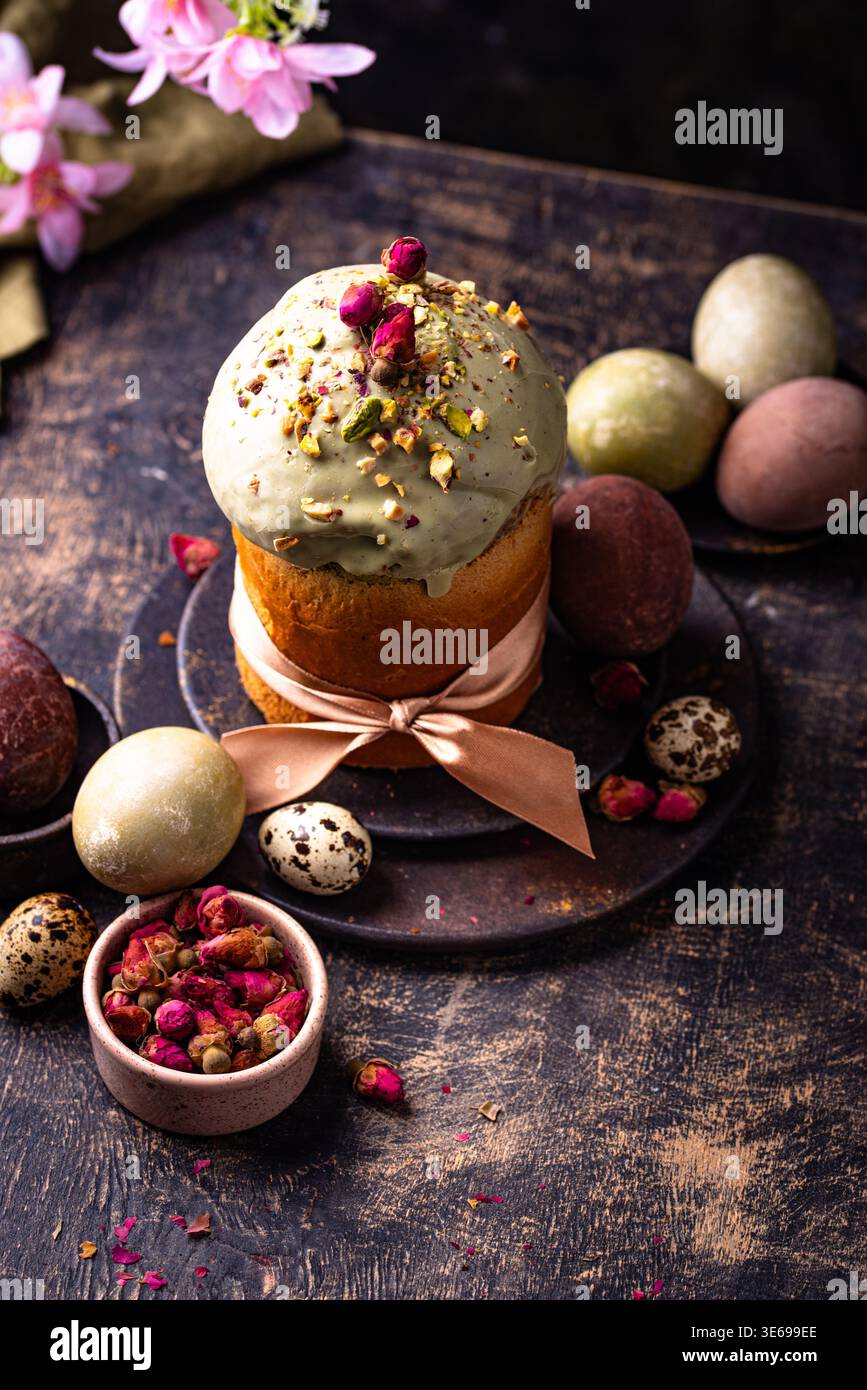Traditional Easter cake kulich with pistachio Stock Photo