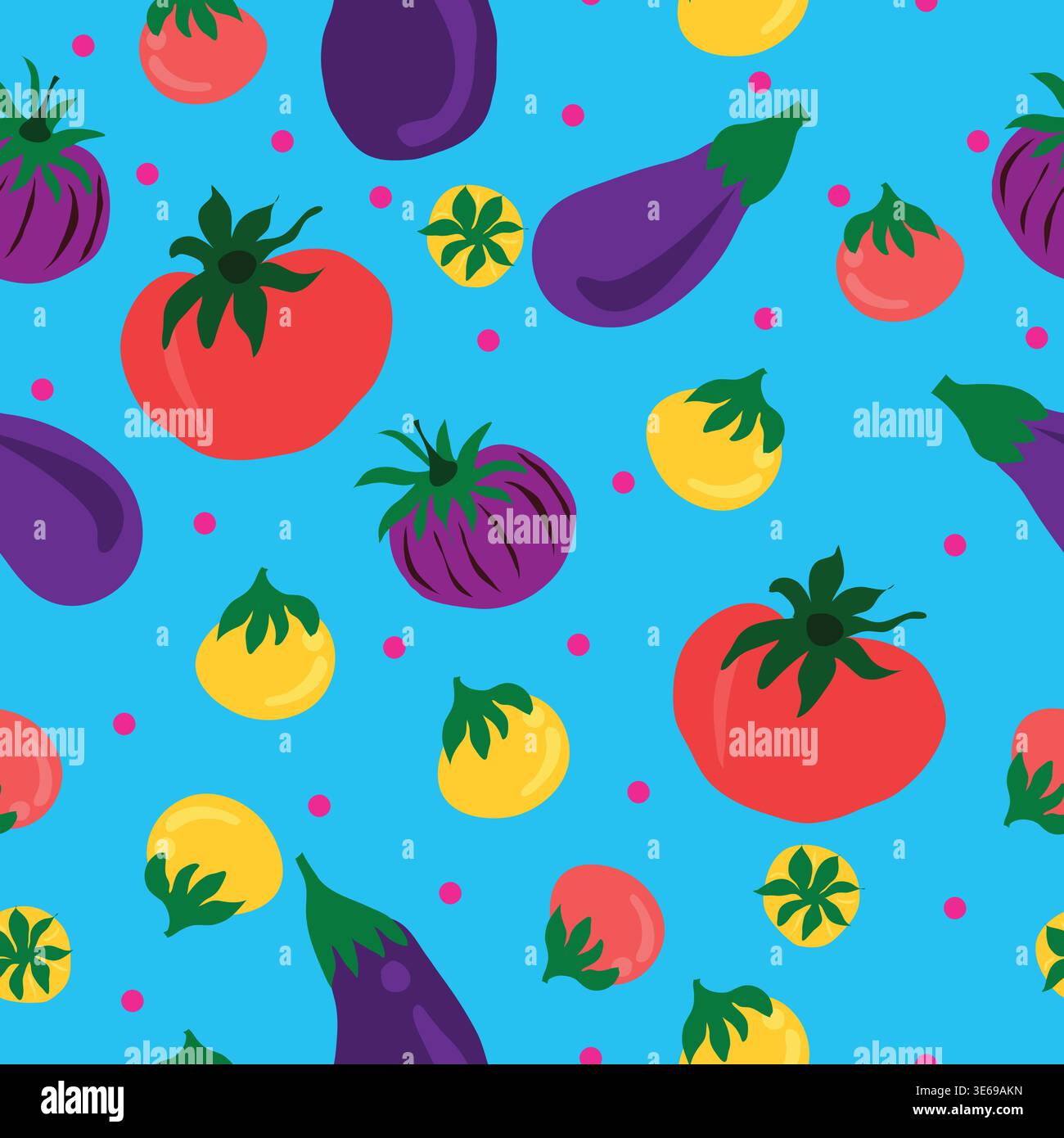 eggplant, tomatoes, cherry tomatoes with pink polka dots seamless pattern Stock Vector