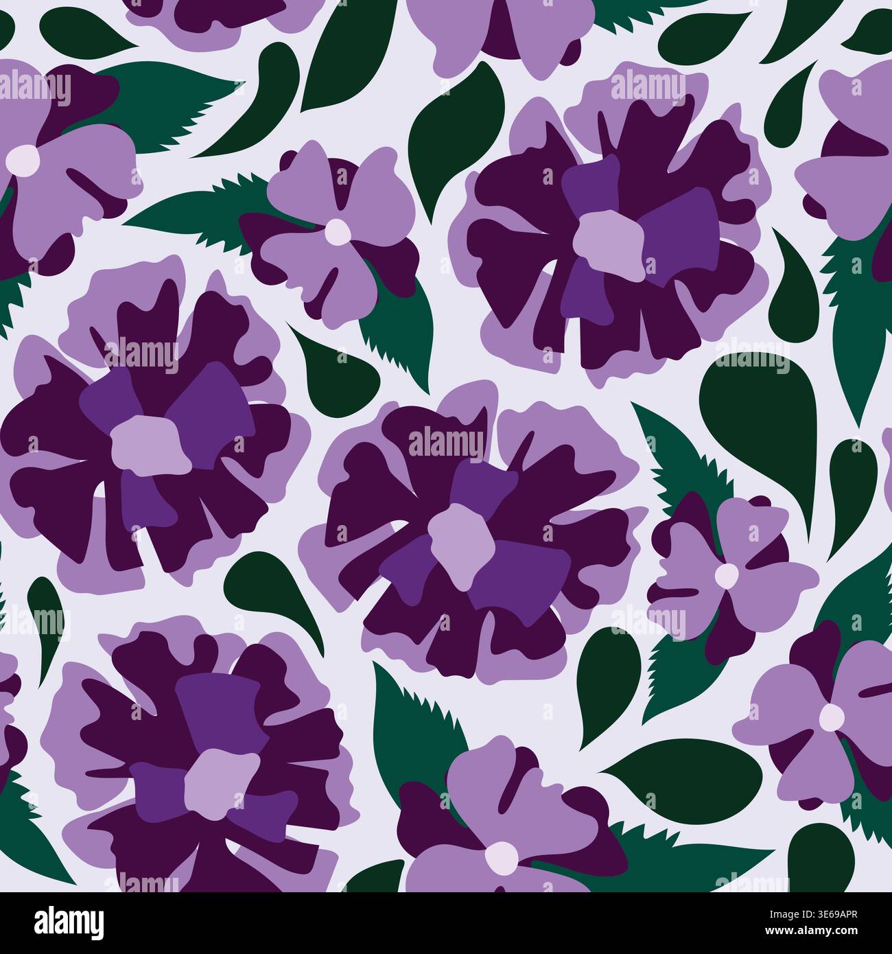 Purple colored hand drawn morning glory flowers with green leaves on light pastel purple background seamless pattern. Good for fabric, tiles and more. Stock Vector
