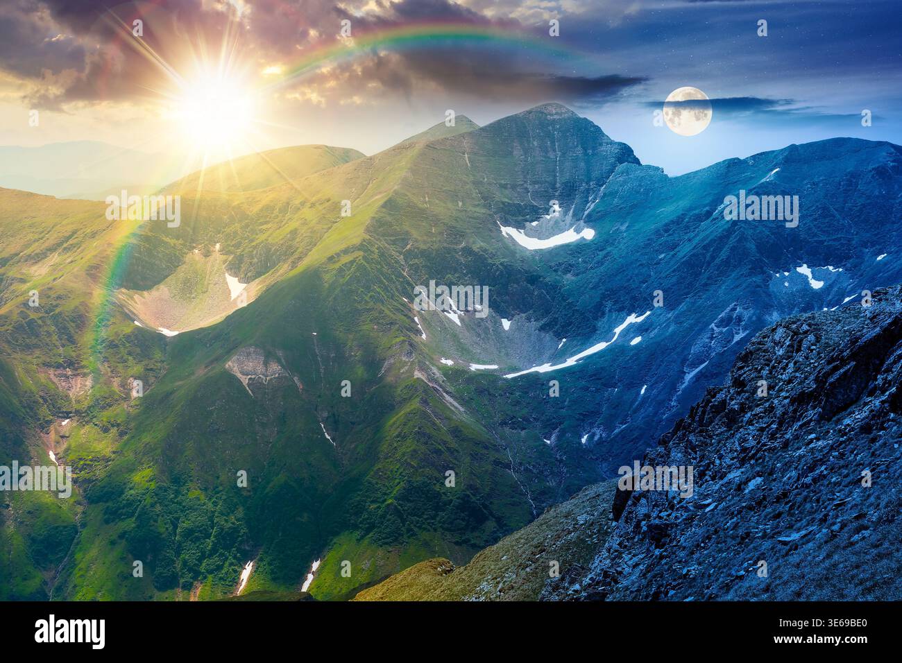 day meet night. mountain scenery on summer solstice. sun and moon over gorgeous mountainous landscape. background with rocky cliffs and grassy hillsid Stock Photo