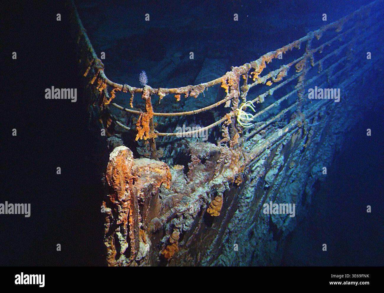 An underwater photograph depicting the bow of the RMS Titanic, captured ...