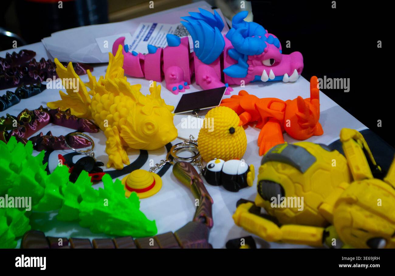 3D printed many different art objects. Objects printed on 3D printer from melted colored plastic. Models created on 3D printer from threads of molten plastic. Modern additive progressive technologies Stock Photo