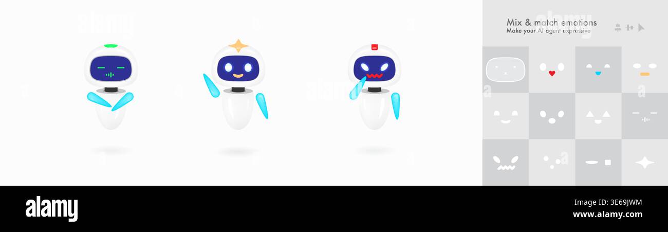 Cute artificial intelligence robot vector character set with different emotions. Friendly virtual assistant chatbot mascot for customer support techno Stock Vector