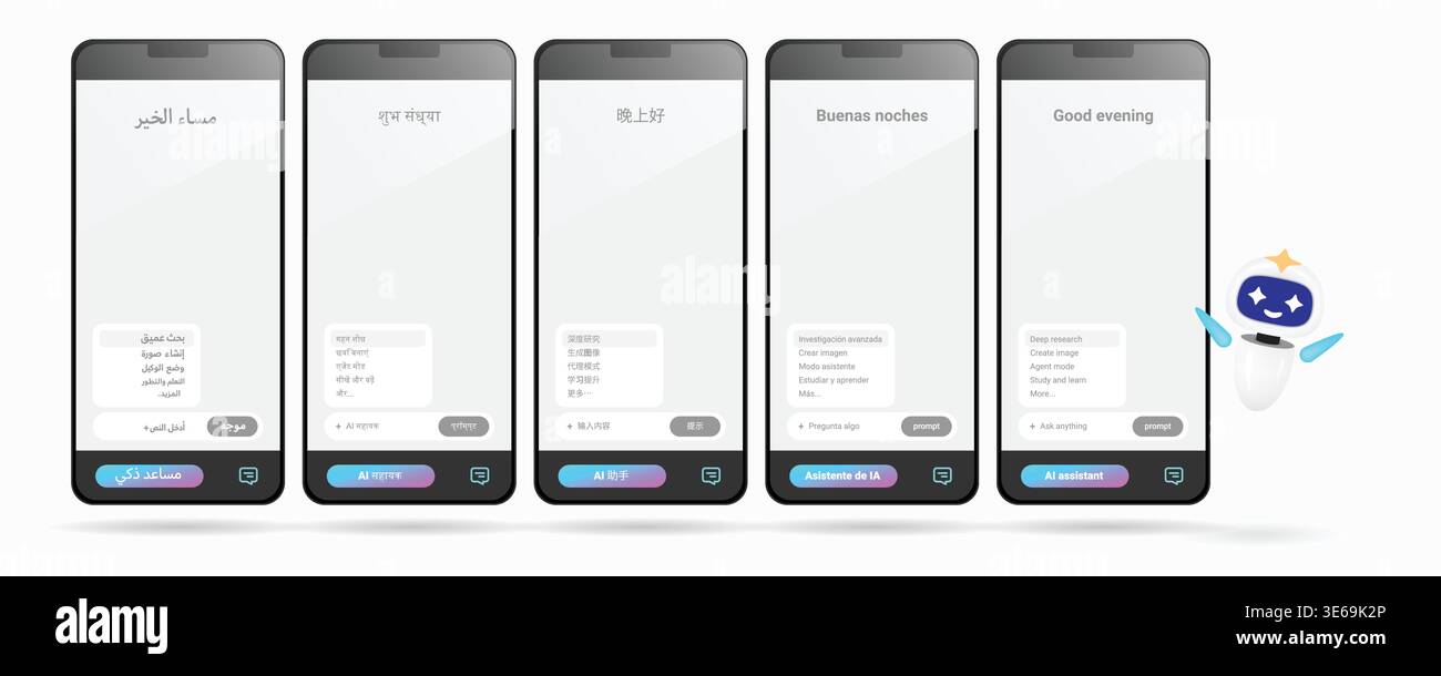 Multilingual AI personal assistant mobile app interface set displaying greetings in Arabic Hindi Chinese Spanish and English on smartphone screens wit Stock Vector