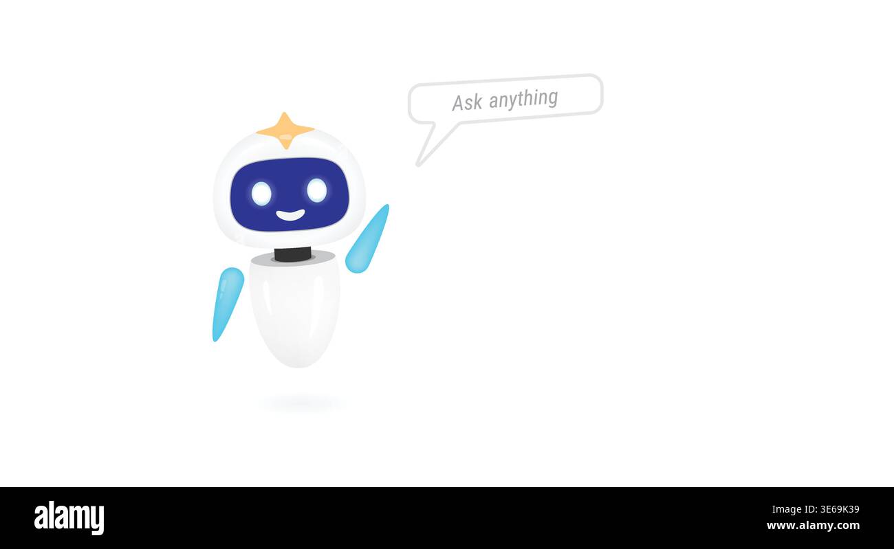 Friendly artificial intelligence chatbot vector character waving hand with speech bubble text ask anything suitable for customer support virtual assis Stock Vector