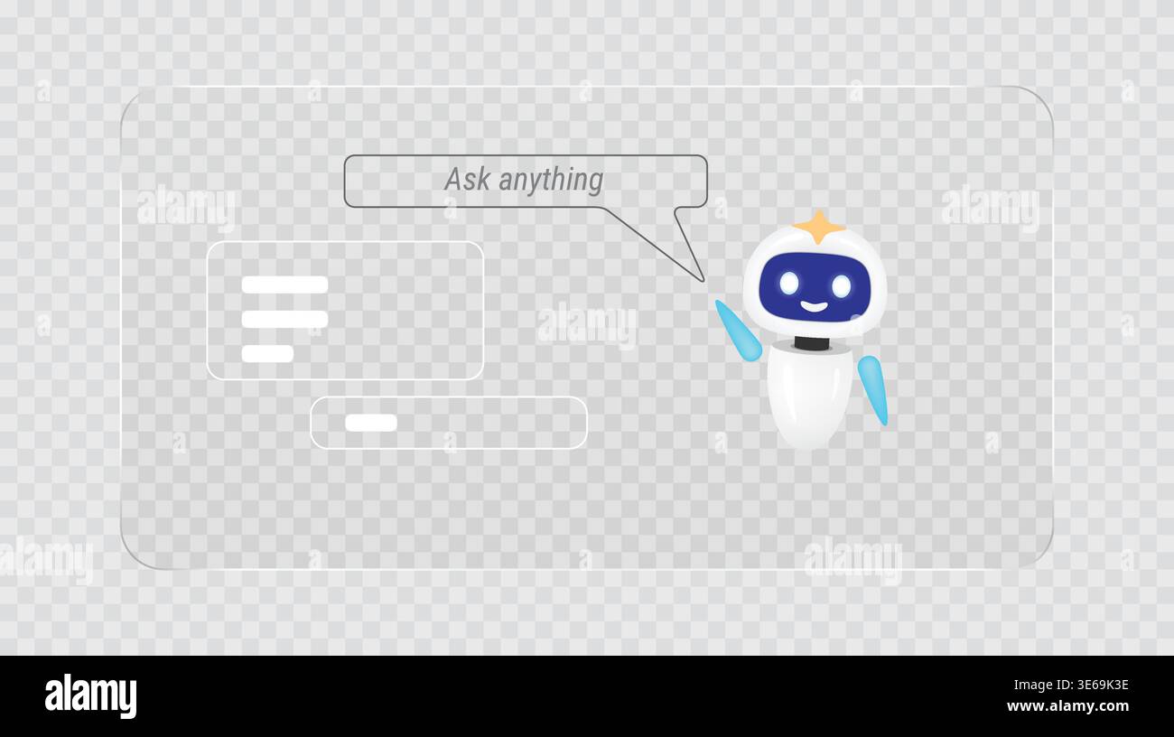 Cute 3d robot chatbot with speech bubble ask anything text and glass interface. Artificial intelligence virtual assistant for customer support. Future Stock Vector