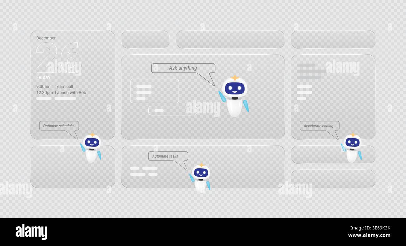 Future artificial intelligence chatbot assistant on glassmorphism user interface. Smart robot mascot helper for web automation and coding tasks. Digit Stock Vector
