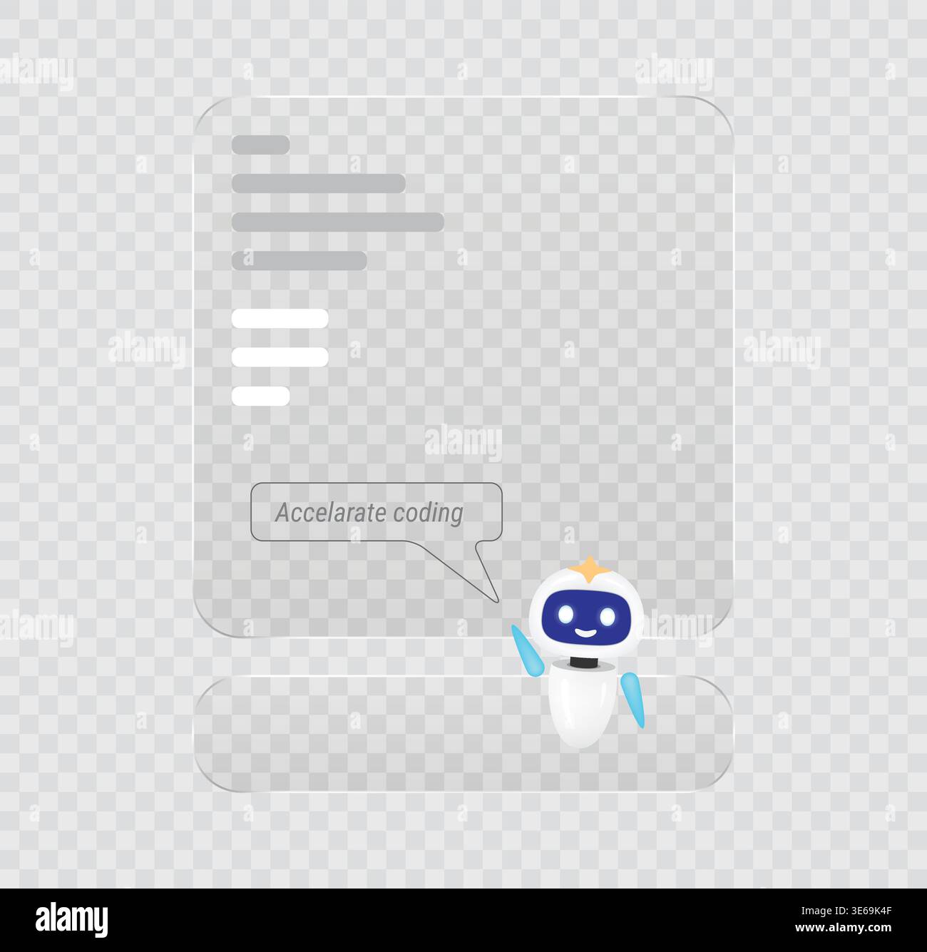 Futuristic artificial intelligence robot assistant accelerating coding workflow on glass interface. Smart technology character for software developmen Stock Vector