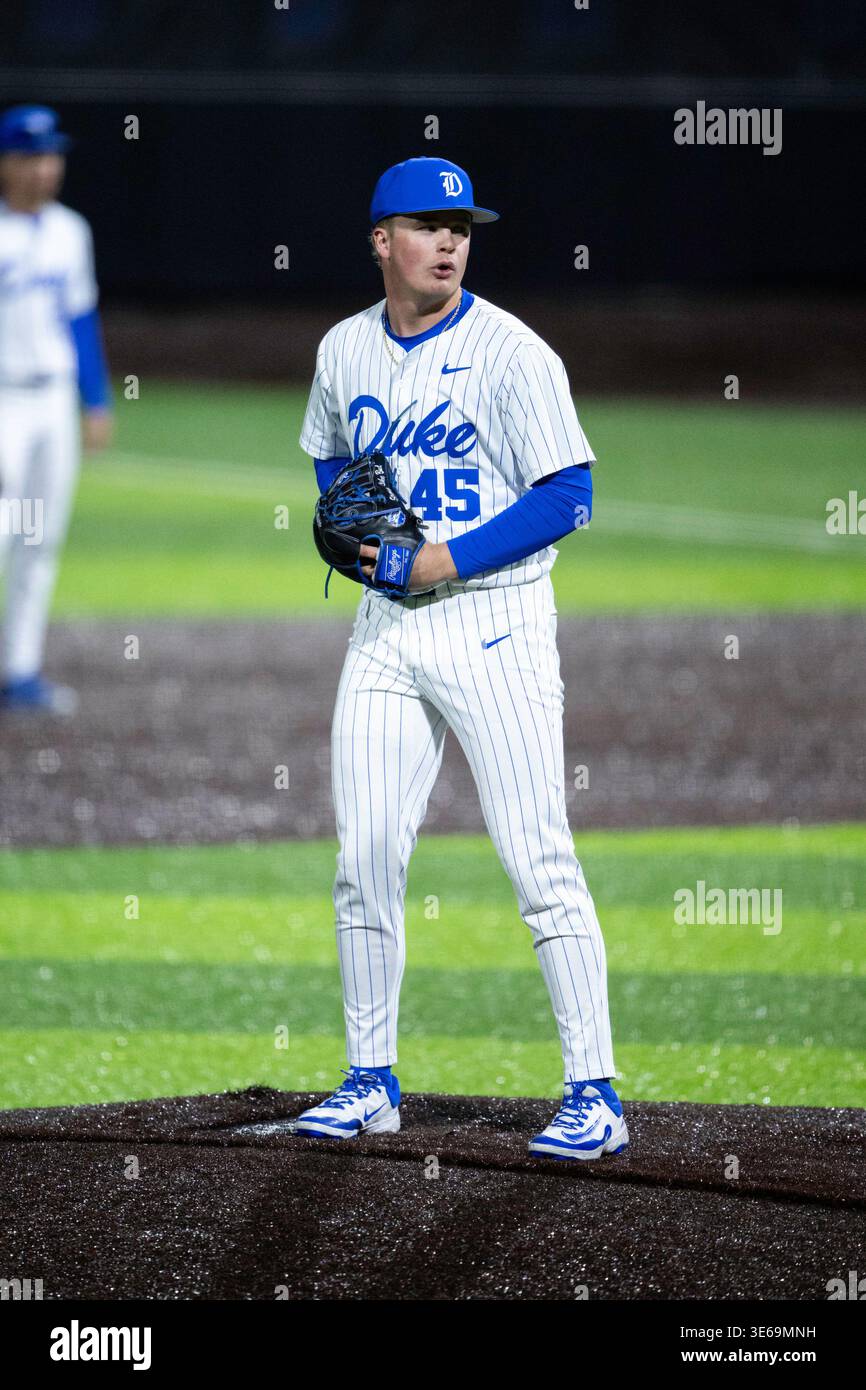 Duke Blue Devils pitcher Ben Dean (45) looks to his catcher for the ...