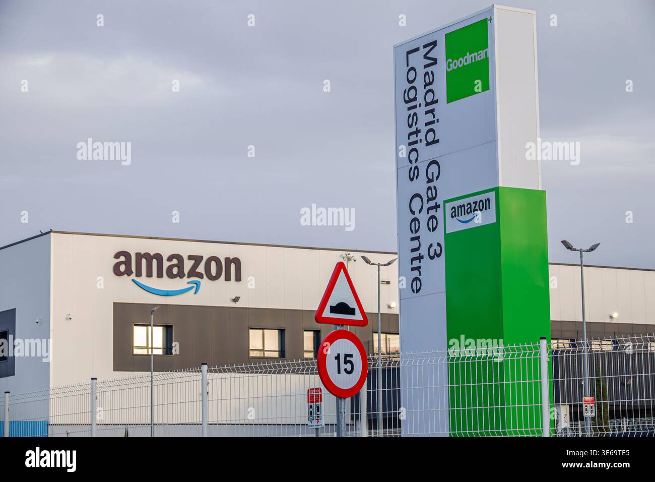 Madrid Spain,Amazon Madrid Gate 3 Logistics Centre Goodman sign,industrial warehouse facility exterior,corporate branding Amazon Goodman,logistics dis Stock Photo