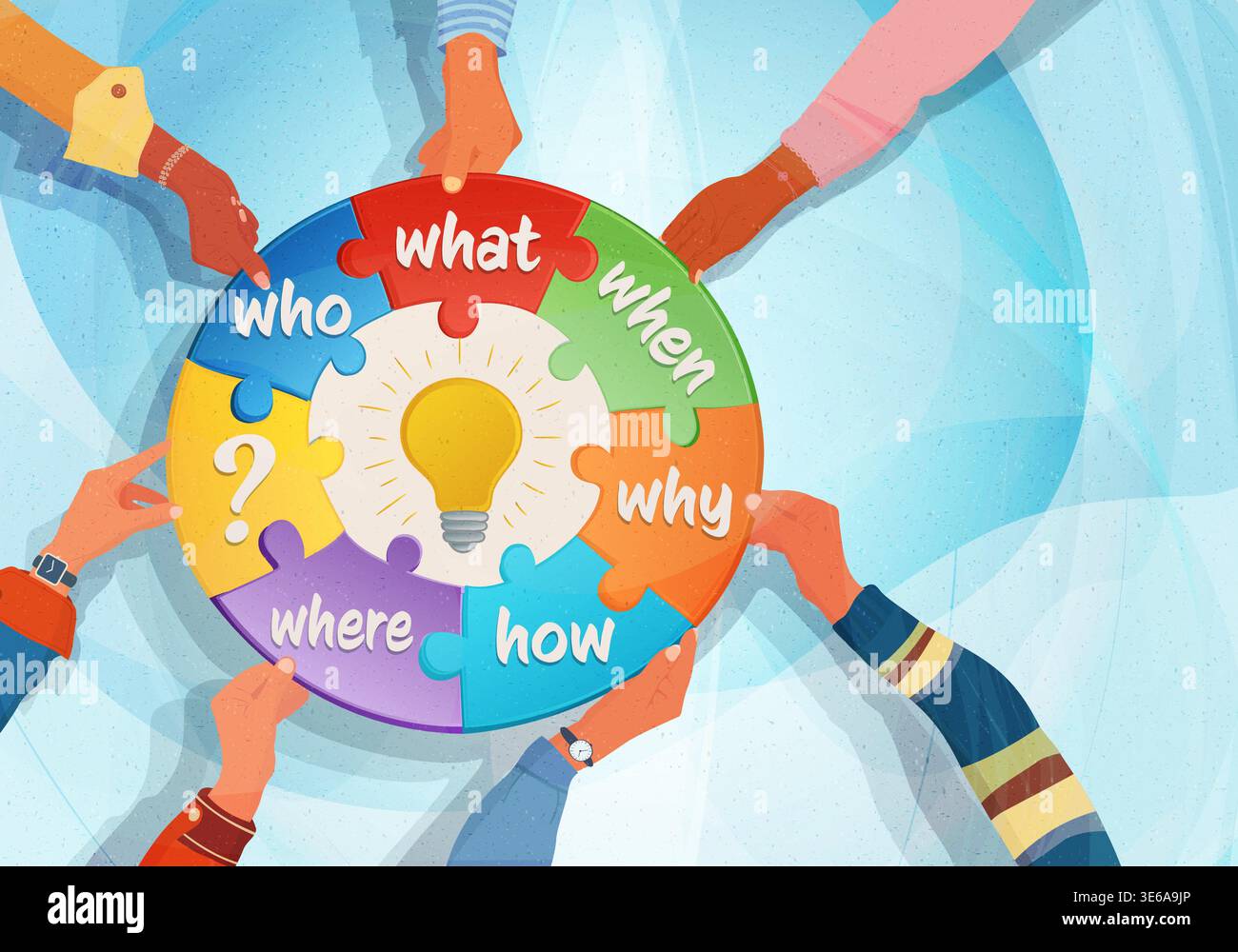 Teamwork problem solving concept with who what when where why how puzzle collaboration Stock Vector