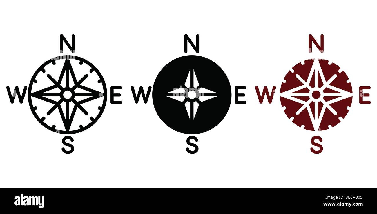 Three distinct styles of classic compasses aligned horizontally with ...