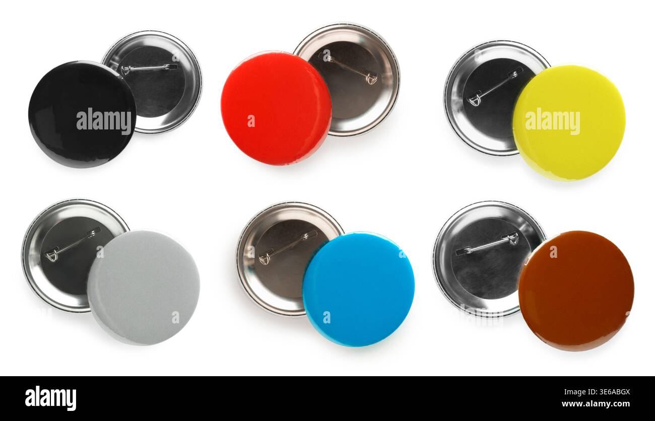 Button badges in different colors isolated on white, set Stock Photo