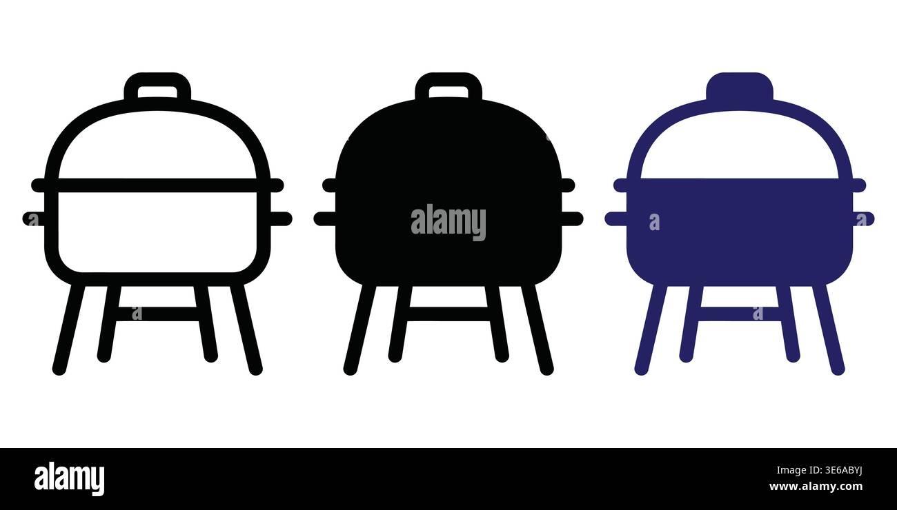 Three stylized illustrations of barbecue grills in different color ...