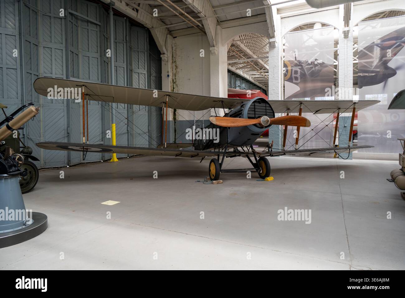Cambridge, UK - 7 Apr 24: Vintage World War I biplane with wooden ...