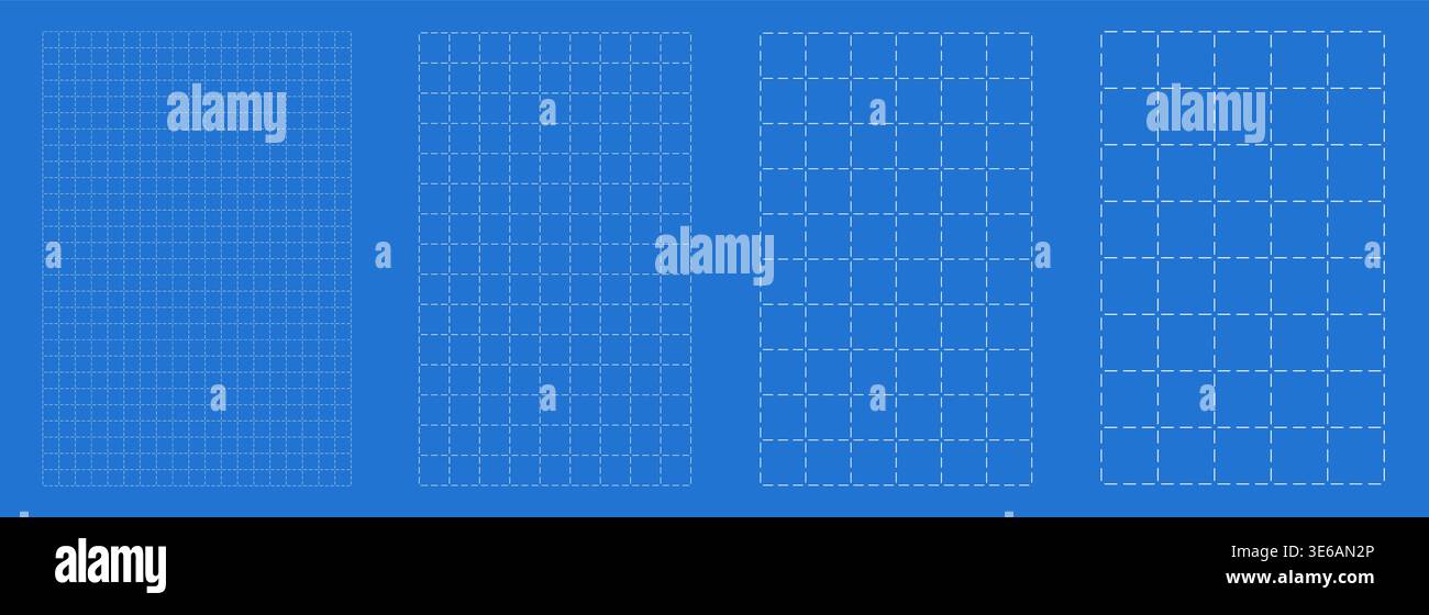 Blueprint grid set dashed node geometry, four scale variations. Wide medium dense micro spacing comparison, engineering layouts dashboards notebook pages interface planning systems technology graphics Stock Vector