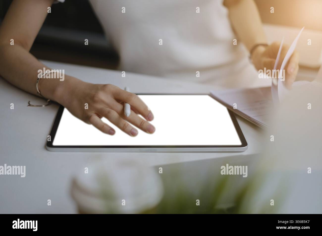 User experience concept. Creative Web Designer sketching application and developing template layout on laptop, framework for digital devices Stock Photo